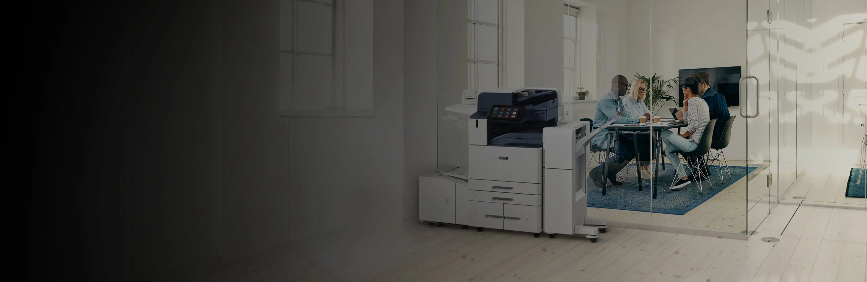 Co-workers looking at printed reports in office beside RICOH multifunction device